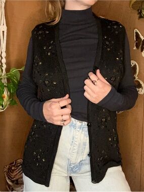 Vintage 1990s Requirements Beaded Knit Vest | Medium